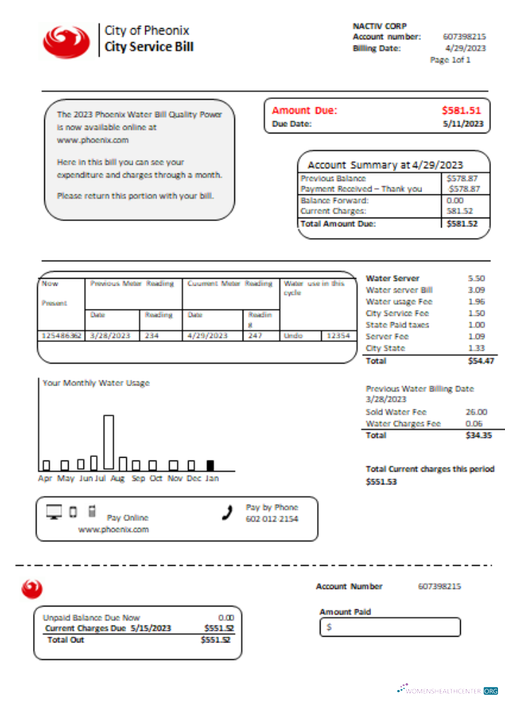 Download Arizona City of Phoenix utility business bill, SCR Photoshop template